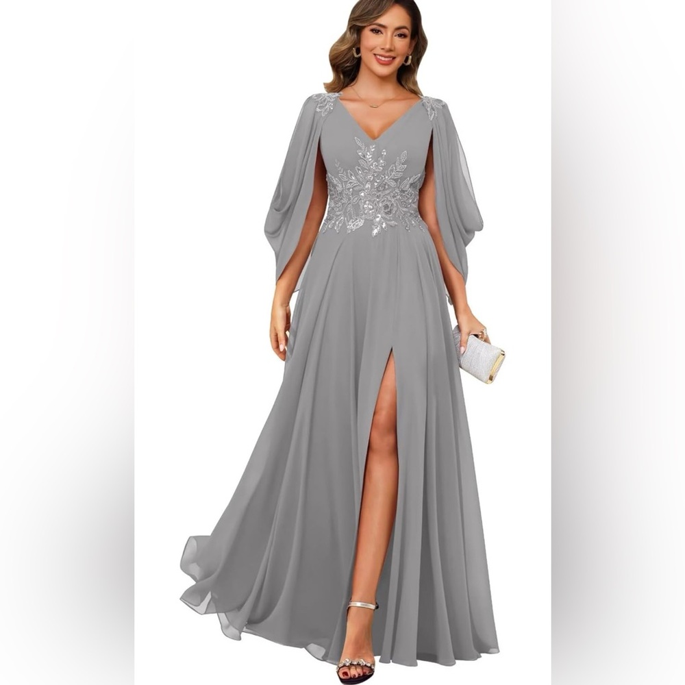Women's Grey Cape Sleeve MOB/MOG Dresses Long Chiffon Lace Appliques Sz 14